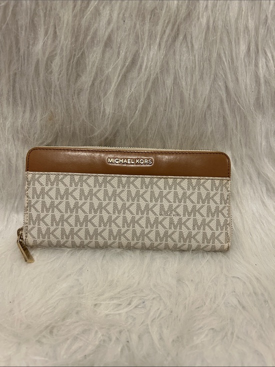 Michael Kors Handbags - Michael Kors Beige and Tan Signature Zip Wallet